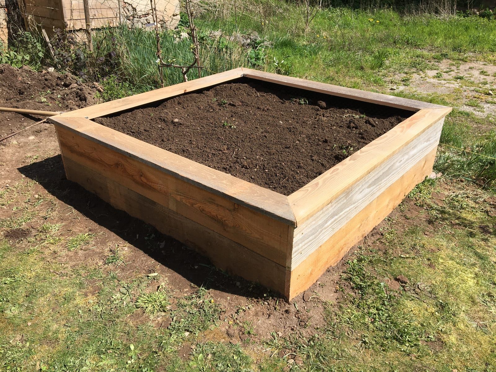 A new wooden raised bed filled level with dark soil, standing on grass before planting.