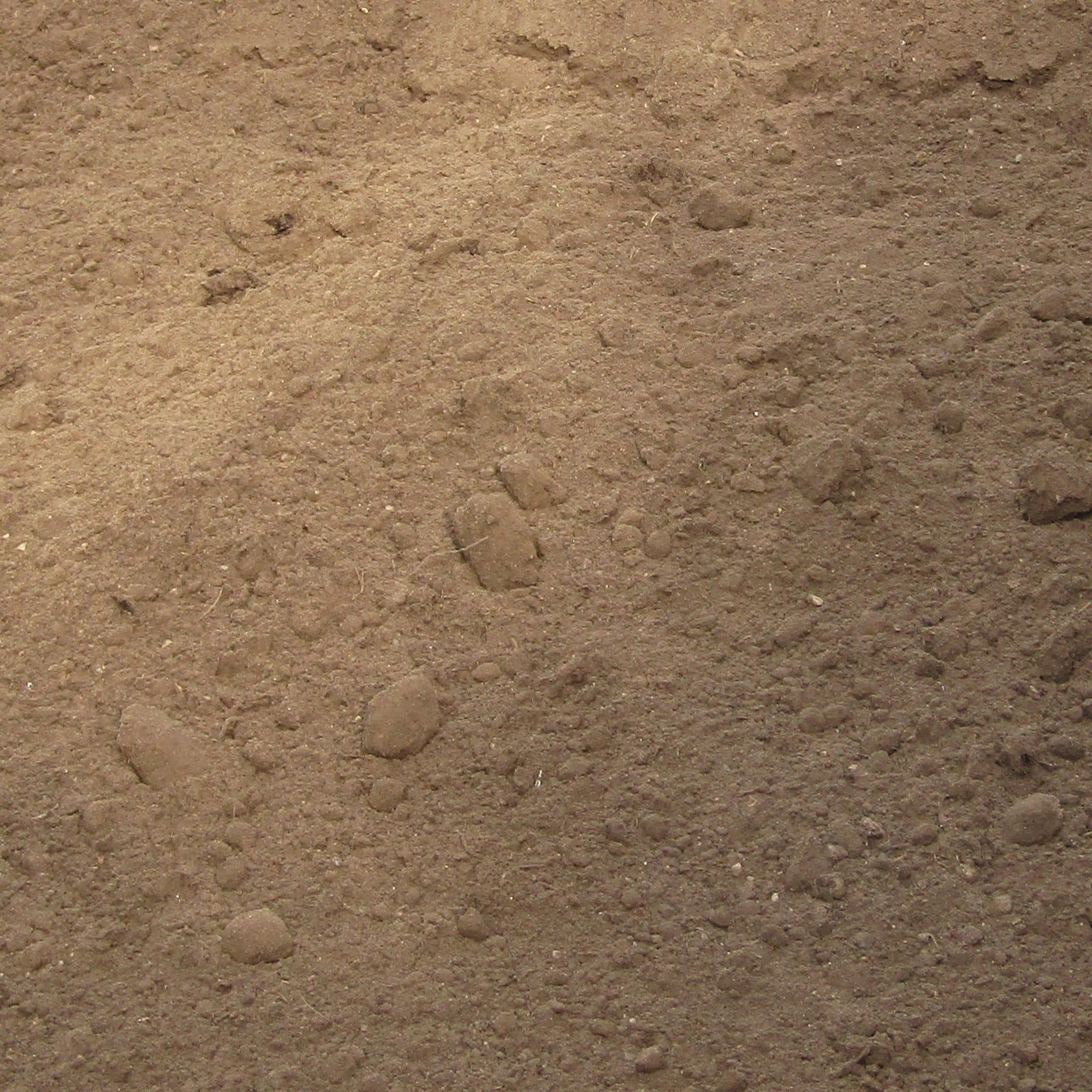 Close view of loose, brown topsoil with small crumbly clods, from a bulk delivery pile.